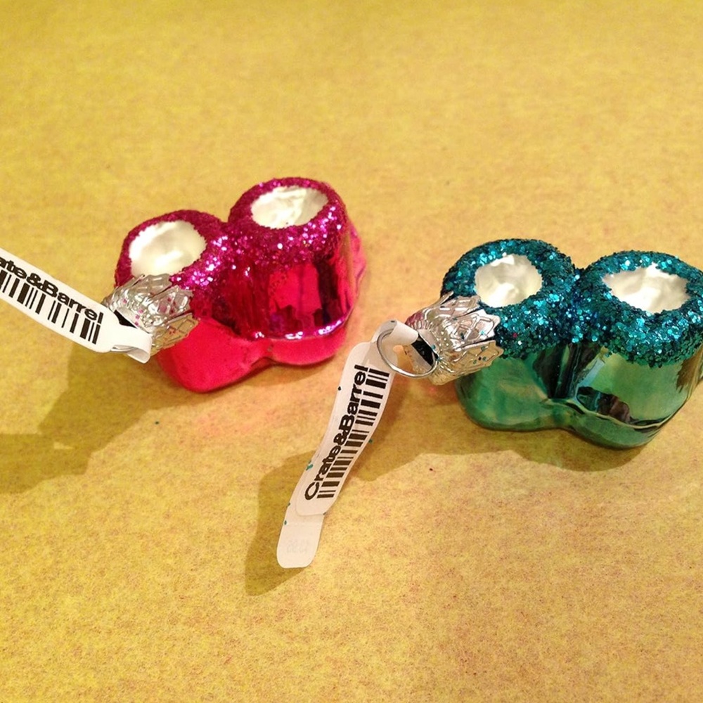Crate&Barrel Glittery Pink and Blue Candle mini Bootie Ornaments New
